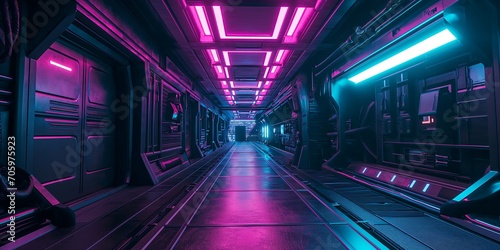 Bright Modern Futuristic Alien Reflective Concrete Corridor Tunnel Empty Room With Purple And Blue Neon Glowing Lights Hexagon Floor Background 