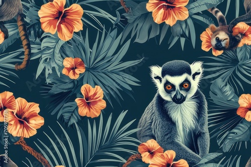 Tropical vintage monkey, sloth, lemur, palm trees floral seamless pattern blue background. Exotic jungle wallpaper.