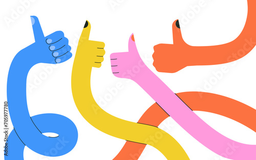 Stretched, flexible long hands. Thumb up like. Like gesture. Boneless elastic arms. Set of funny cartoon character hands. Cartoon style. Abstract vector illustration. Best choice concept