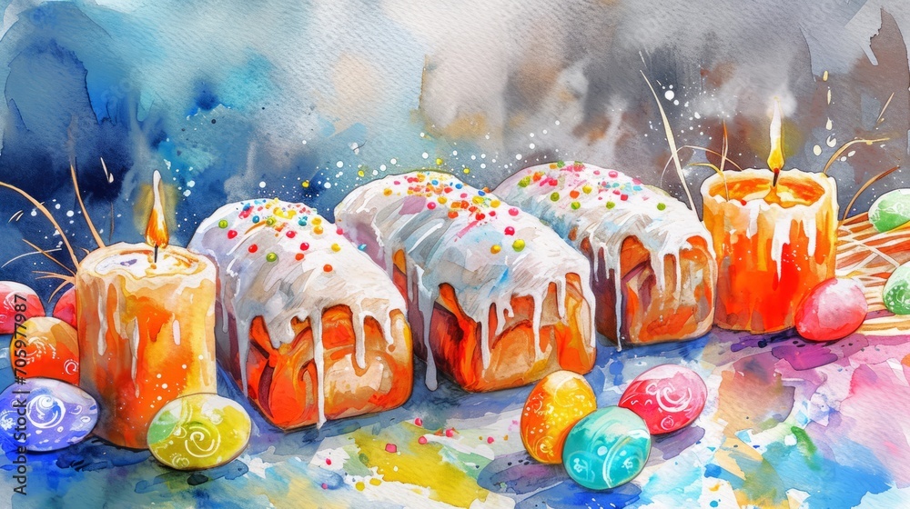 Watercolor illustration of Easter cakes, Kuliches, with white glaze and colorful sprinkles, surrounded by lit candles and colored eggs. Traditional Ukrainian Easter cupcakes. Festive bread. Aquarelle - obrazy, fototapety, plakaty 