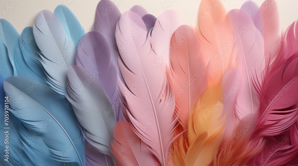 Soft feathers in pastel colors in shades of pink, peach, and blue. Feathers texture background. Ideal for Backdrops for design projects, Fashion or decor. Concept of Softness and elegance.