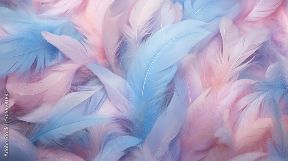 Feathers in pastel colors of pink and blue. Feathers texture background. Can be used as Backdrops for design projects, Fashion or decor. Concept of Softness and elegance. Fluffy