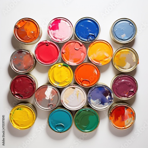 Cans of paint on a white background, top view. Jars of paints of different colors and shades in a chaotic order. Paint cans of different colors on white background. Colorful background for advertising