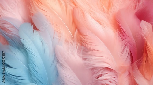 Soft feathers in pastel colors in shades of pink, peach, and blue. Feathers texture background. Use as Backdrops for design projects, Fashion or decor. Concept of Softness and elegance.