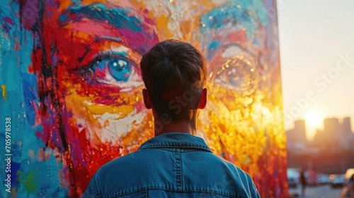 Street artist painting a large, colorful mural on an urban wall.