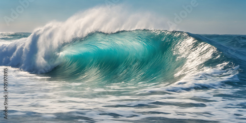 Giant ocean surf wave on a sunny day. Seascape illustration with stormy sea, turquoise water with white foam and splashes, blue sky. Generative AI