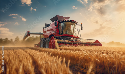 Combine harvester harvesting the wheat on the amazing wheat field