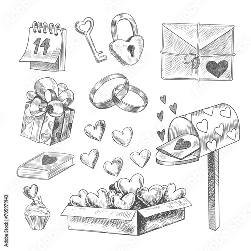 Set of Valentines day design elements. Hand drawn mailbox, gift box, box with hearts, heart-shaped lock and key, love letter, book, wedding rings, cupcake, tear-off calendar. Sketch style collection