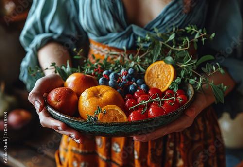 Woman Holding Bowl of Fruit in Her Hands. A woman gracefully holds a bowl filled with an assortment of fresh and vibrant fruits.