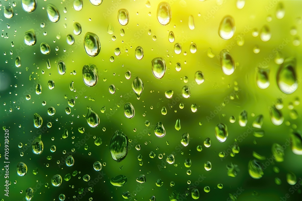  water drops on glass green bright background