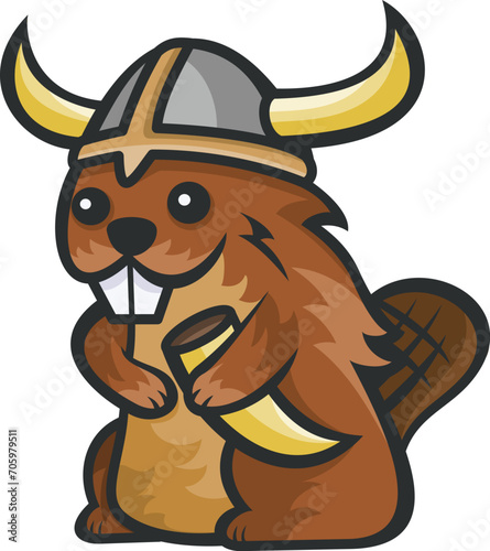 cartoon cute viking beaver smiling happily