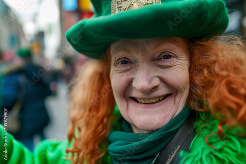 AI Generated Image of smiling senior redhead woman wearing St Patrick costume and hat while having fun on a street photo