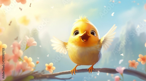 copy space, cute animated illustration, sweet bird flying in a delightful mood, happy about the awakening spring landscape. Sweet birdie flying. Feeling of happiness, freedom. Healthy mind. Well-being © Dirk
