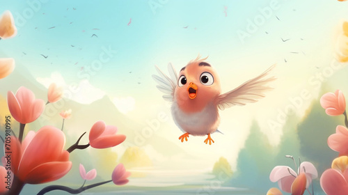 copy space, cute animated illustration, sweet bird flying in a delightful mood, happy about the awakening spring landscape. Sweet birdie flying. Feeling of happiness, freedom. Healthy mind. Well-being