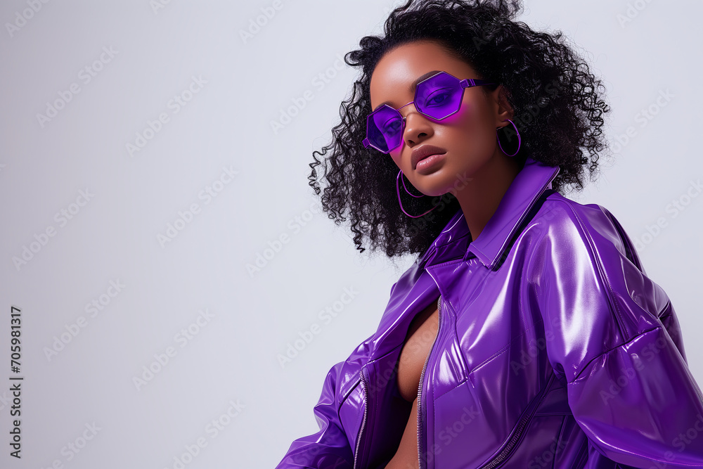 Stylish girl in purple hexagonal glasses and matching jacket of the same color - obrazy, fototapety, plakaty 