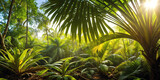 Jungle on a sunny day. Beautiful tropical rainforest illustration with exotic plants, flowers, palms, big leaves and ferns. Bright sunbeams. Background with pristine nature landscape. Generative AI