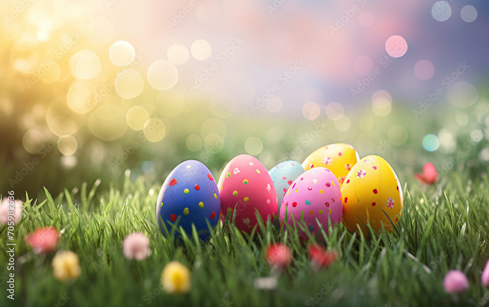 a group of colorful eggs in grass