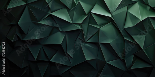 Long panoramic dark green abstract background banner with 3D geometric triangular gradient shapes for website, business, or print design template. Metallic metal paper pattern illustration wall.