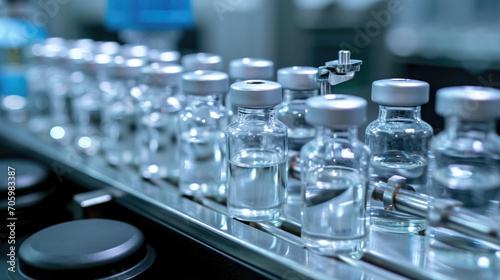 A view of a pharmaceutical production line at work, featuring medical vials and glass bottles, with pharmaceutical machines in operation.