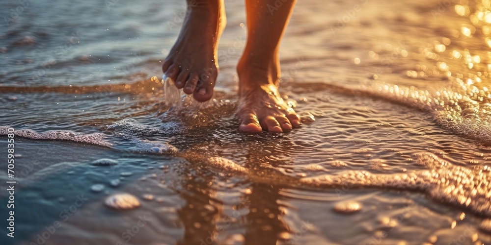 Barefoot walking on the shore in the morning Barefoot walking on the shore in the morning