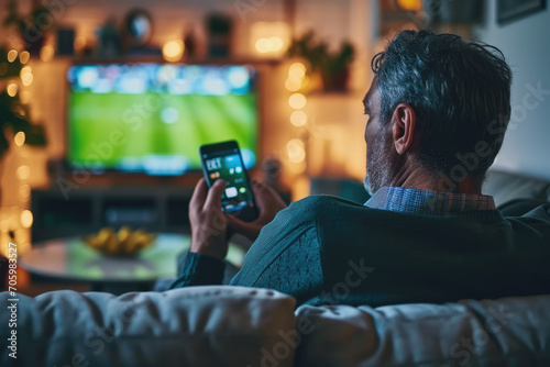 Senior Male Enjoying Sports Bets in Living Room photo