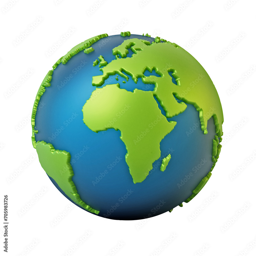 Blue and green colored globe isolated on transparent background. 3D illustration