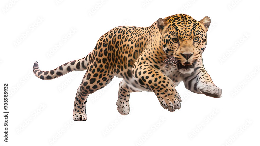Big jumping jaguar isolated on white created with Generative AI Big jumping jaguar isolated on white created with Generative AI
