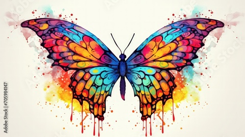 Butterfly insect animal, rainbow vibrant colorsplash, watercolor style white background. Generate AI