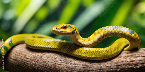 Fototapeta Naklejka Na Ścianę i Meble -  Tropical snake in jungle on a sunny day. Rainforest illustration with bright colored serpent among exotic plants with big leaves. Background with pristine nature landscape. Generative AI