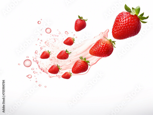 a group of strawberries falling into a splash of juice