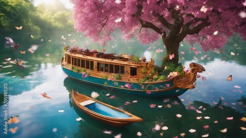 Fotografia A fantasy canal boat with a flower tree in a river of rainbows, with waterfalls,