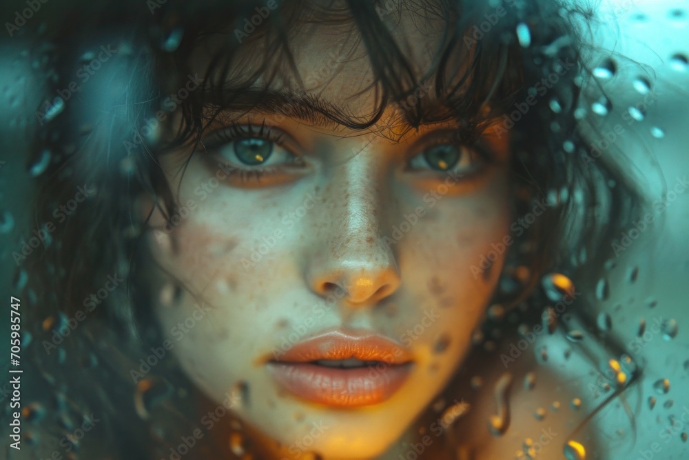 Close-up of a woman's intense gaze through a raindrop-speckled glass, with a cool blue tone, Revival of analog photography with a digital twist
