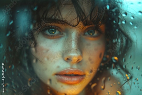 Close-up of a woman s intense gaze through a raindrop-speckled glass  with a cool blue tone  Revival of analog photography with a digital twist