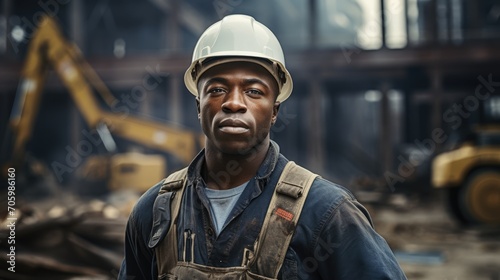 A powerful portrait of a black worker standing confidently in front of a building, exuding strength and determination.