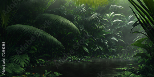 Lake in wild jungle. Heavy rain. Dark tropical forest with exotic plants, palm trees, big leaves and ferns. Scary thicket of the rainforest. Streams of water, wet green vegetation. Generative AI © Aleksei Solovev