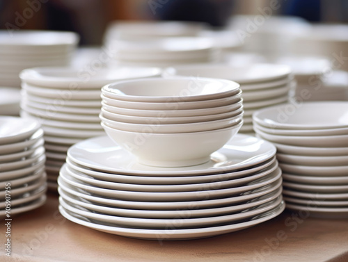Close-up of a neatly arranged stack of plain white dishes.