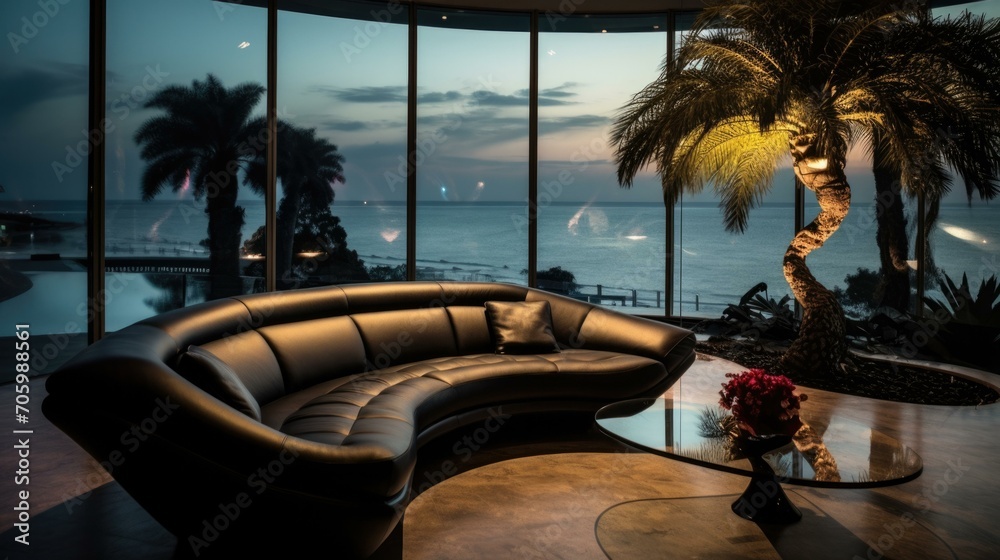 Fototapeta premium A luxurious curved black leather sofa with high-grade throw pillows in a seaside villa, surrounded by palm trees and a breathtaking view of the sea through full glass windows. Generative AI.