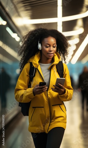 A confident black woman in a yellow jacket and headphones walks briskly through an airport, focused on her smartphone. Generative AI. © Natalia