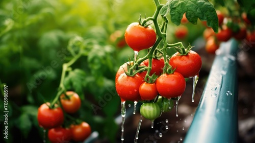 Fresh and vibrant tomatoes growing on a drip irrigation system. Generative AI. photo