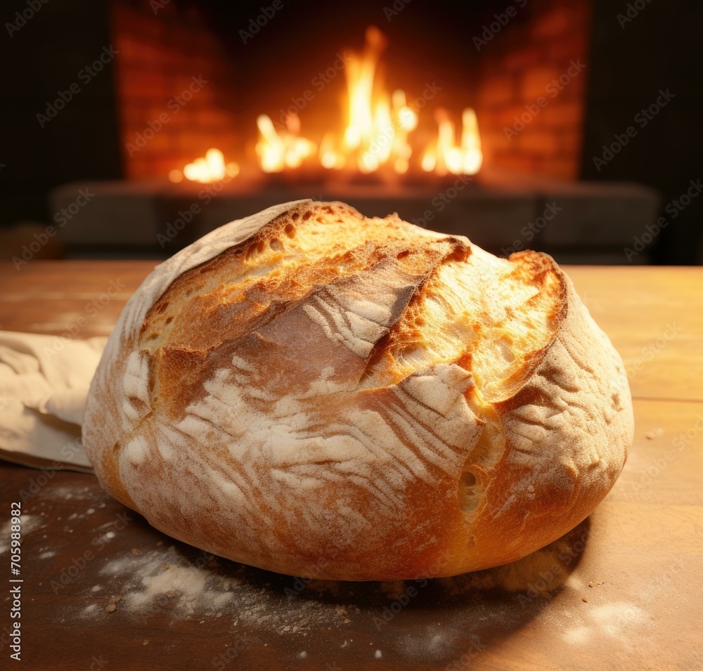 A loaf of bread sitting on a table in front of a fireplace. Generative AI. A loaf of bread sitting on a table in front of a fireplace. Generative AI.
