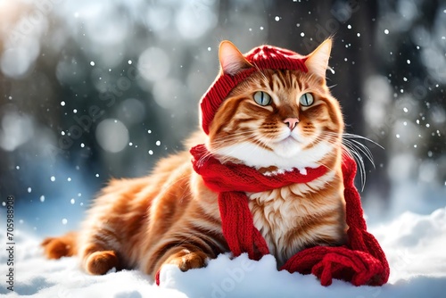 red cat with christmas tree