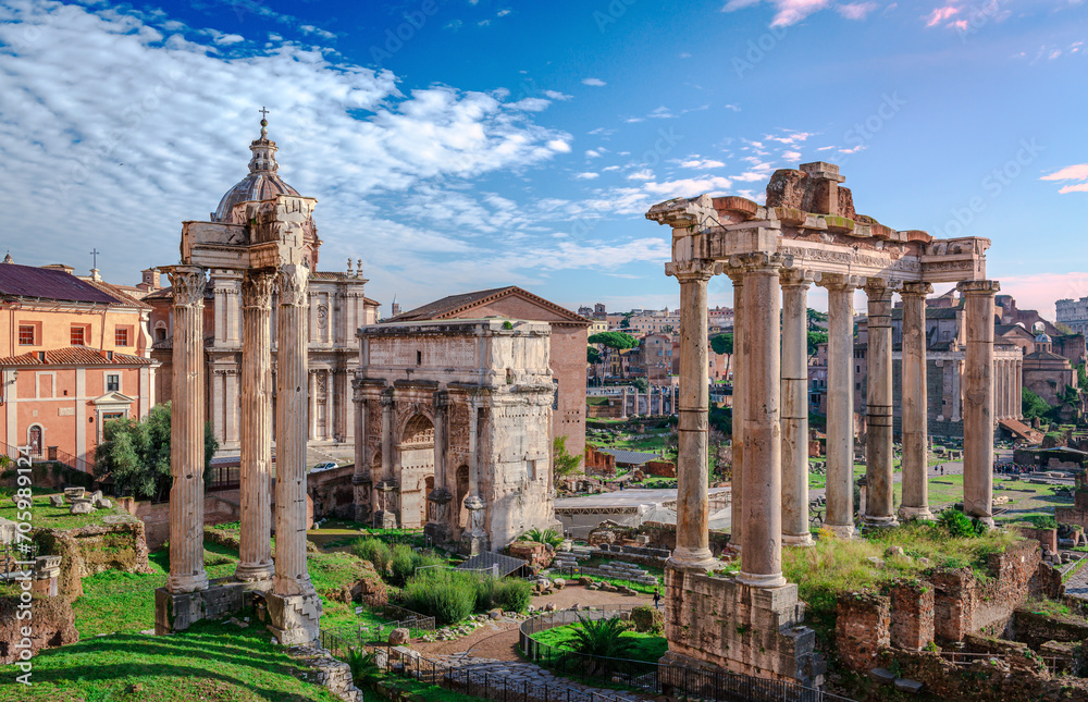 The Roman Forum, seen from Capitoline Hill. It is a rectangular forum surrounded by the ruins of several important ancient government buildings at the center of the city of Rome.