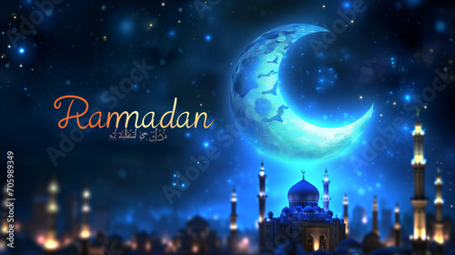 Ramadan under the serene moonlight with the elegant silhouette of a mosque  beautifully accentuated by the soft glow of a bokeh background.