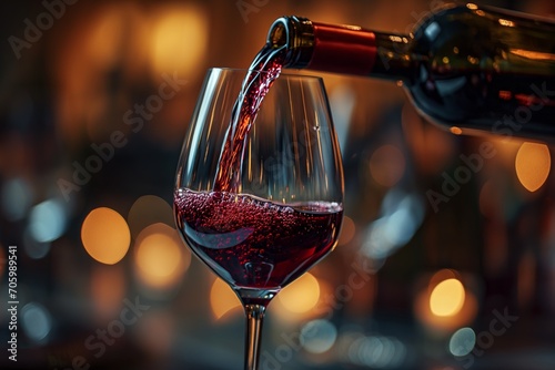 pouring red wine from bottle into glass bokeh background