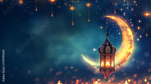 Dark blue sky  a radiant golden moon  and enchanting lanterns adorned with intricate patterns  all under a sparkling canopy of stars.