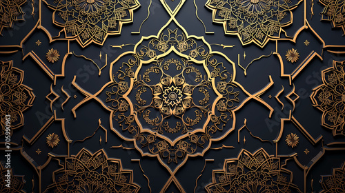 Fractal geometry texture in gold on a dark blue background