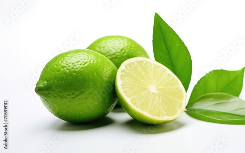 Fresh natural green lemon with leaf, white background