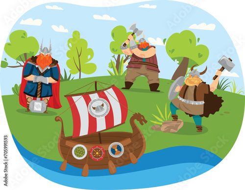 Three cartoon vikings near a drakkar on riverbank. Vikings with axes and helmet, campsite tent. Medieval Norse warriors, Viking adventure. Vector illustration