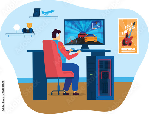 Young male gamer playing racing game on computer in home setup. Enthusiast with headphones immersed in online gaming. Esports player in action vector illustration.