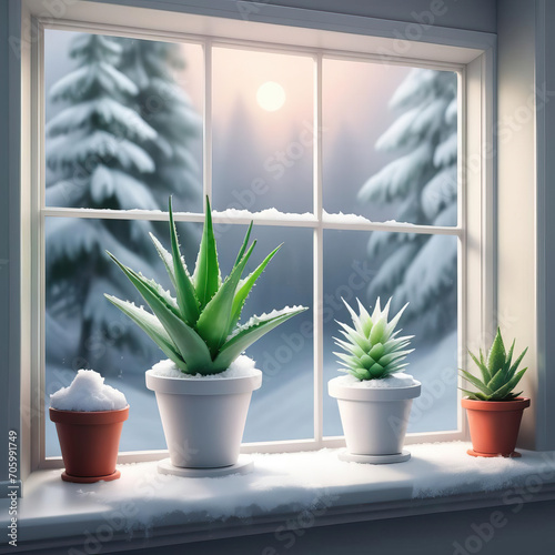 Stylish Windowsill with Aloe Vera - Cheerful digital vector art featuring cute gradients and Aloe Vera plant on a stylish windowsill Gen AI